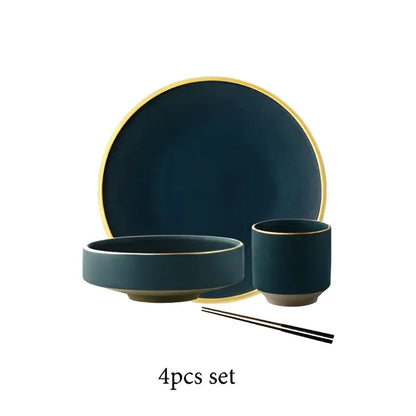 Dark teal gold rimmed ceramic western dinnerware set with matching chopsticks for elegant dining decorbites ceramic western