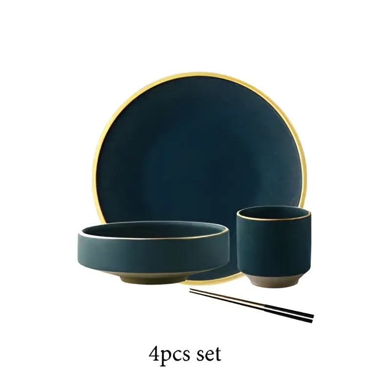 Dark teal gold rimmed ceramic western dinnerware set with matching chopsticks for elegant dining decorbites ceramic western