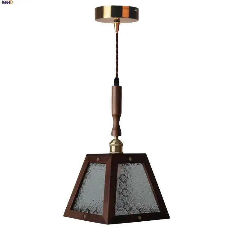 Dark wood and glass led pendant lamp with textured frosted panels and brass accents for dining room lighting