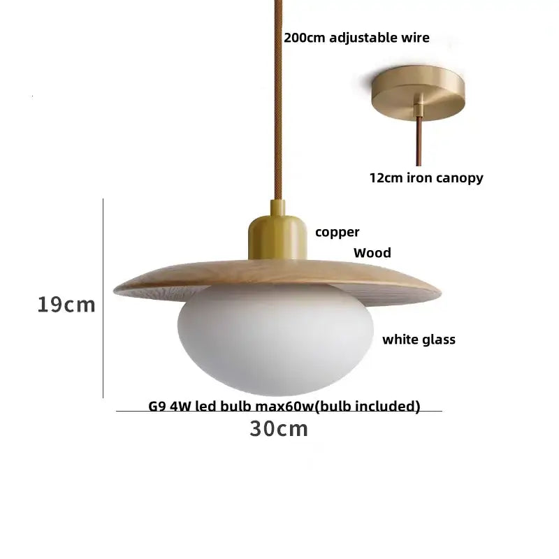 Dark wood and glass led pendant lamp with copper metal fixture, circular wooden shade, and frosted glass globe for dining room