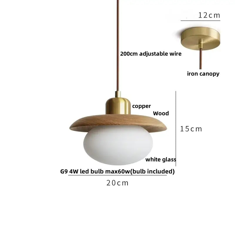 Dark wood and glass led pendant lamp with brass finished copper and wood disc, frosted globe, adjustable wire for dining room