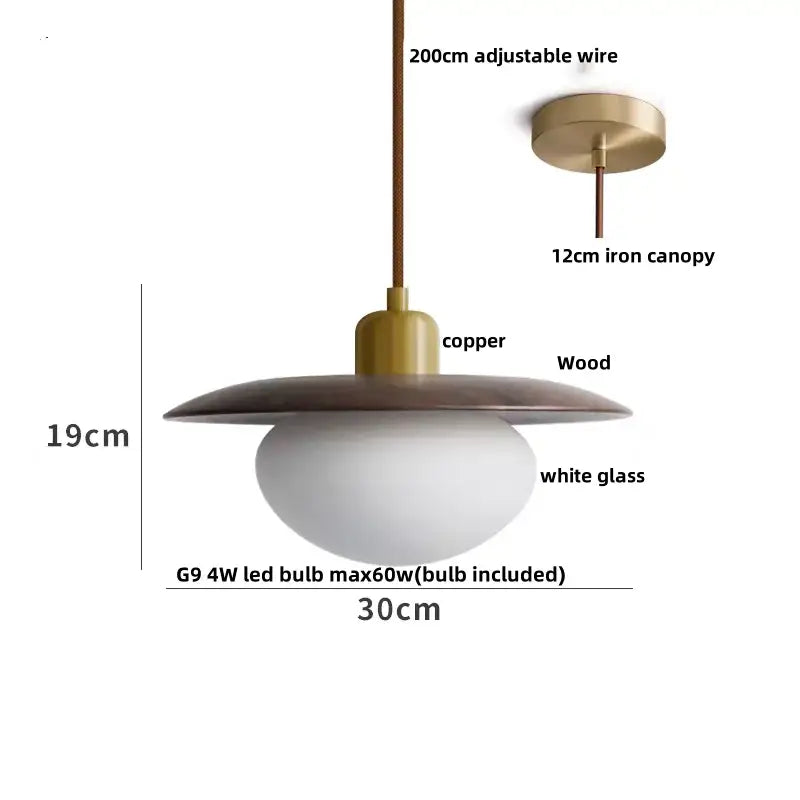 Dark wood and glass led pendant lamp with copper iron canopy and matte wooden shade for dining room lighting