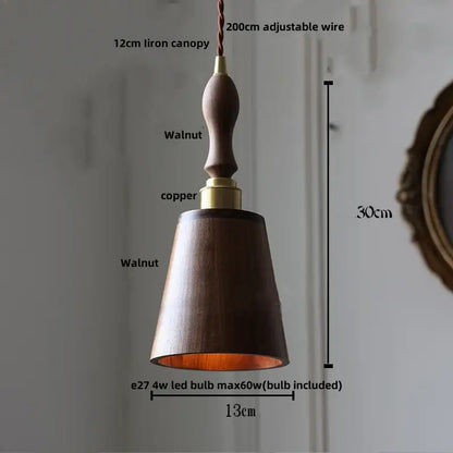 Dark wood and glass led pendant lamp with walnut wood shade, brass copper ring, and iron canopy for dining room