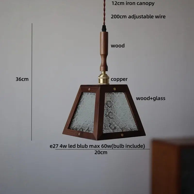 Dark wood and glass led pendant lamp with textured glass panels and copper accent for dining room lighting