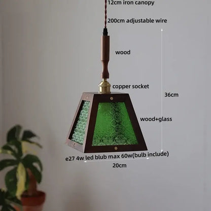 Dark wood and glass led pendant lamp with triangular frame and adjustable wire for dining room lighting