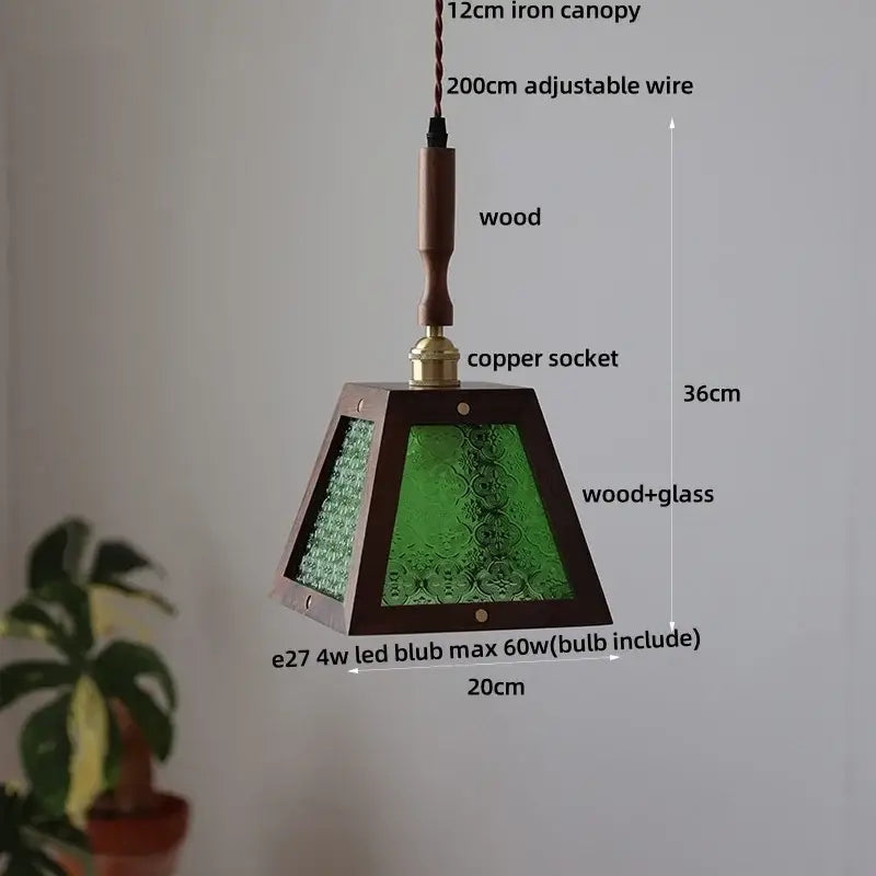 Dark wood and glass led pendant lamp with triangular frame and adjustable wire for dining room lighting