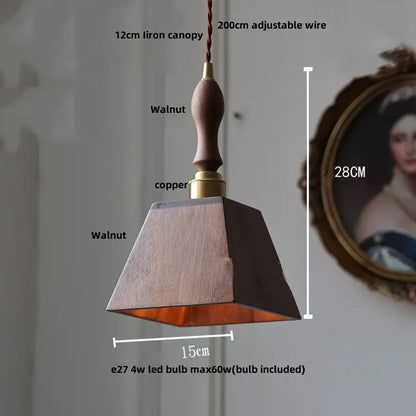 Walnut-finished dark wood and glass led pendant lamp with copper accent and adjustable suspension for dining room