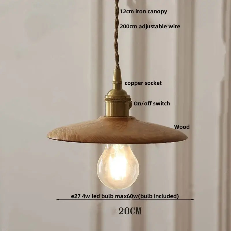 Warm-toned wooden pendant lamp with brass copper socket and exposed led bulb for dining room lighting