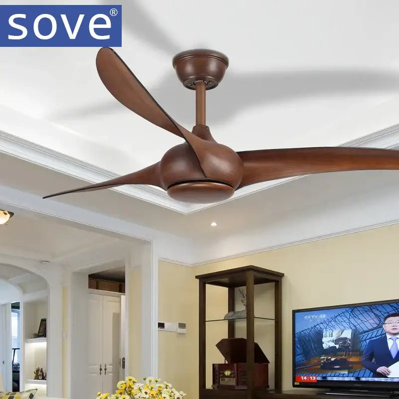 Dark wood led village ceiling fan with brown wooden blades and sleek modern design by sove for bedroom use
