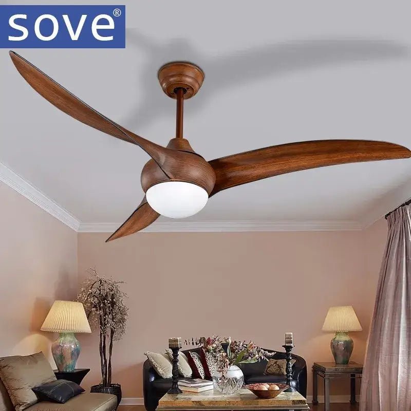 Sove dark wood led village ceiling fan with three wooden blades and central white light fixture for bedroom use