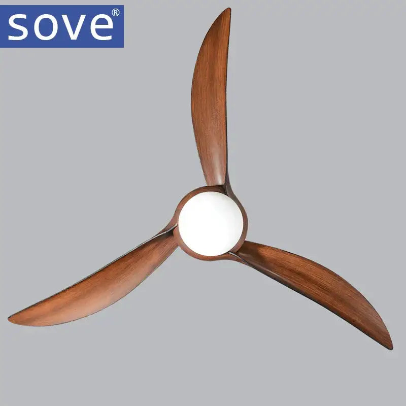 Sove dark wood led village ceiling fan with three sleek wooden blades and central light fixture for bedroom use
