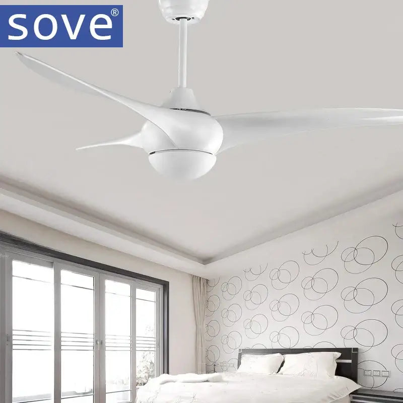 White sove ceiling fan with three aerodynamic blades for modern use in dark wood led village ceiling fan bedrooms