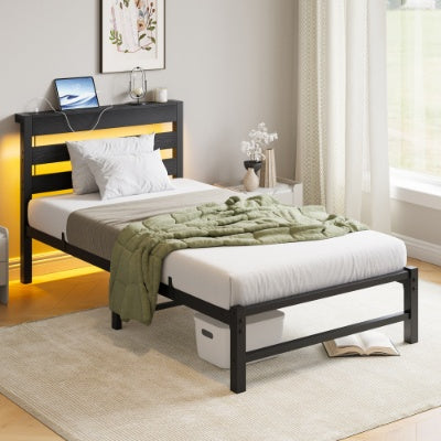 Twin Size LED Platform Bed Frame with USB Charging Station