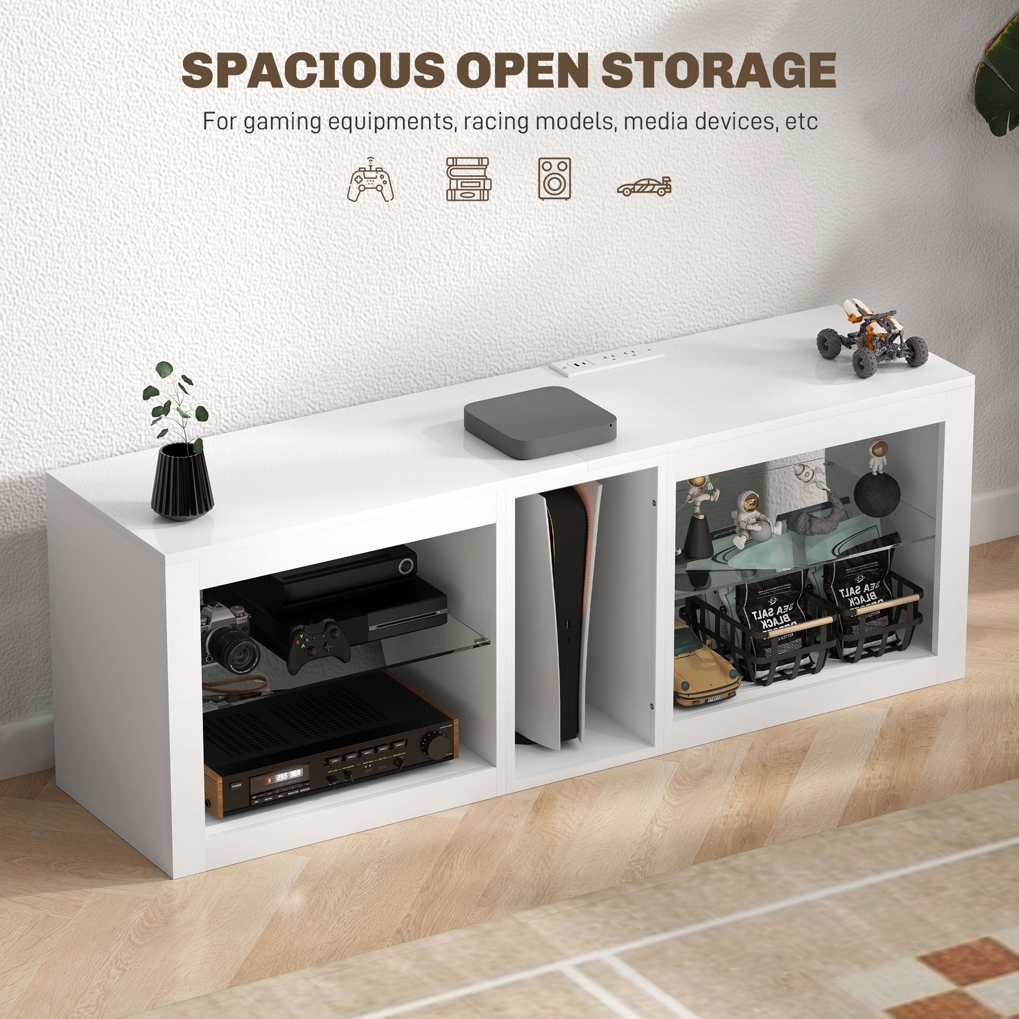 TV-Ständer Center für 55" mit LED-Lichtern und Stromsteckdosen TV-Fernsehschrank mit einstellbaren Regalen Hochglanz
