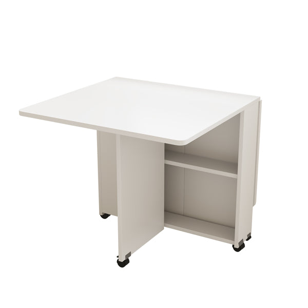 Mesa Plegable de Comedor con Hoja Caída, 6 Ruedas y Estante de Almacenamiento de 2 Niveles, Mesa Ahorra Espacio para Espacios Pequeños, 47.2 Pulgadas de Profundidad x 23.6 Pulgadas de Ancho x 30.3 Pulgadas de Altura, Blanca