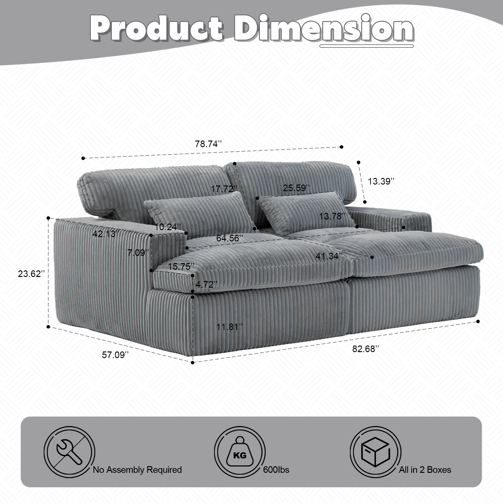 Silla de Chaise Lounge Doble para Interiores, Sofá Nube Oversized Tapizado, Cama de Sofá de Lujo con Asiento Profundo, Sofá Seccional Chaise Loveseat, Silla de Lectura de Corduroy para Sala de Estar, Sin Ensamblaje Requerido, Gris