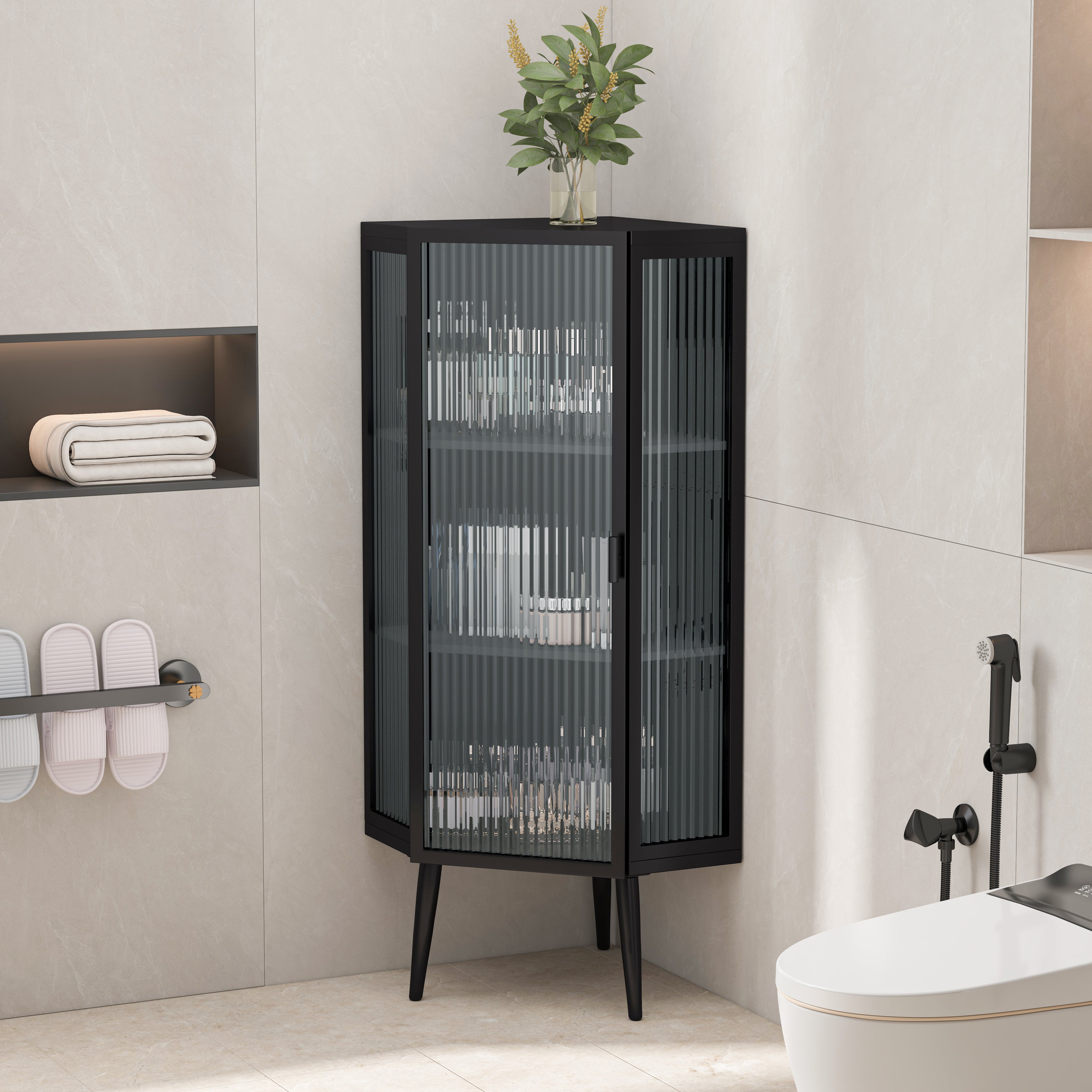 Gabinete de Esquina para Piso de 22.25'', Tres Niveles con Puertas de Vidrio Templado y Estantes de Almacenamiento para Baño, Sala de Estar y Dormitorio Negro