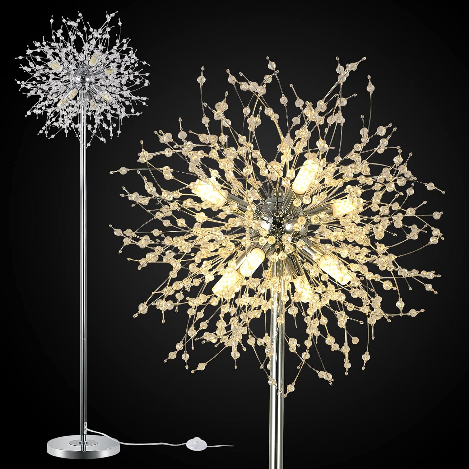 Lámpara de Pie de Cristal para Dormitorio,,Lámpara de Poste de 69 Pulgadas de Alto, Lámpara de Piso Decorativa para Habitación Moderna, Incluye 32 Suspensores de Cristal de Fuegos Artificiales, Acabado en Cromo Plataformas No Disponibles- Welfel