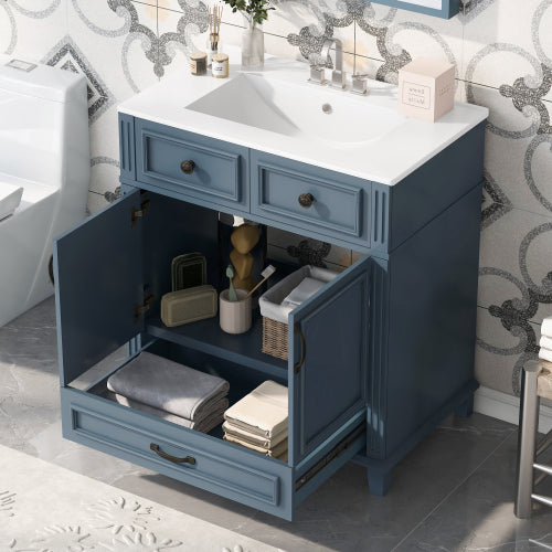 Lavabo de baño de 30'' con fregadero de cerámica, gabinete de almacenamiento de baño con marco de madera maciza y puertas de cierre suave, estilo retro, azul