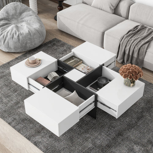 Mesa de Centro de Diseño Único con 4 Compartimentos de Almacenamiento Ocultos