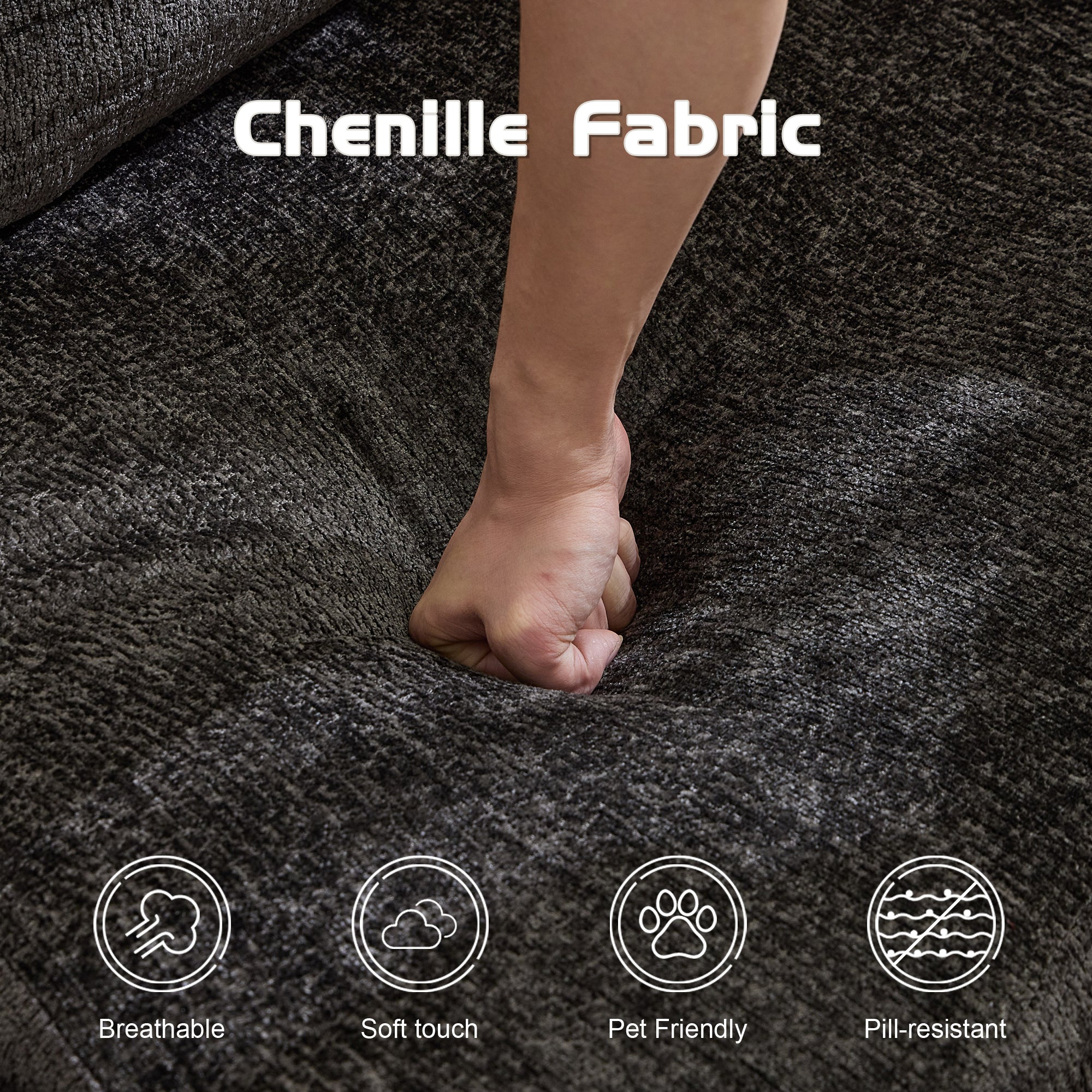 Sofá de Compresión, Sofá Cama Convertible para el Suelo con Marco de Forma Fija, Sofá Seccional Modular sin Huesos para Dos Personas, Sin Ensamblaje Requerido, Tela de Chenille, para Sala de Estar y Dormitorio, Negro