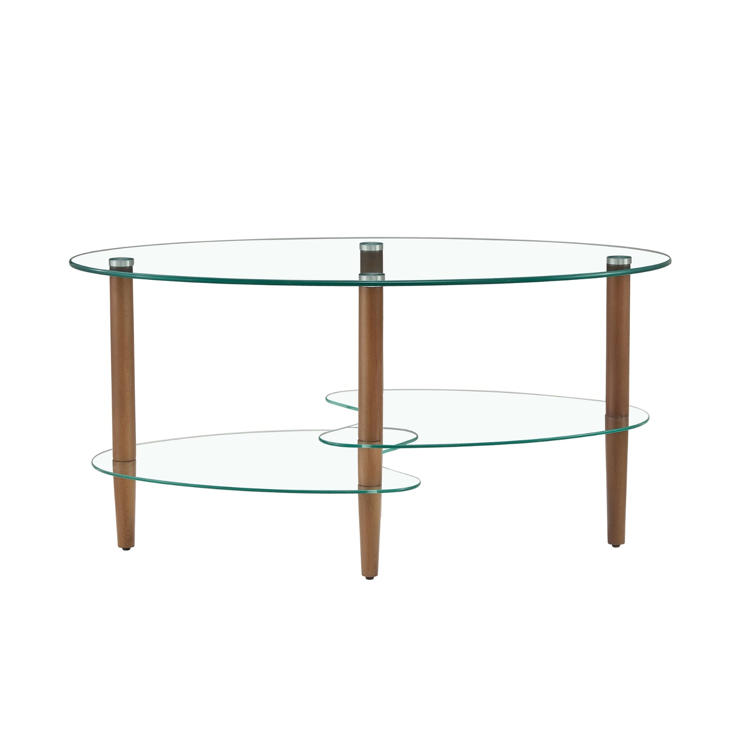 Transparent Oval Glass Coffee Table, 3-Layer Oak Leg Modern Living Room Table
