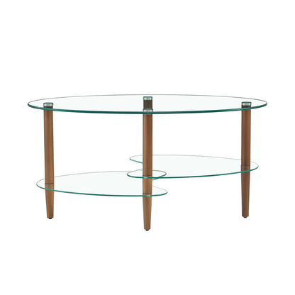 Transparent Oval Glass Coffee Table, 3-Layer Oak Leg Modern Living Room Table