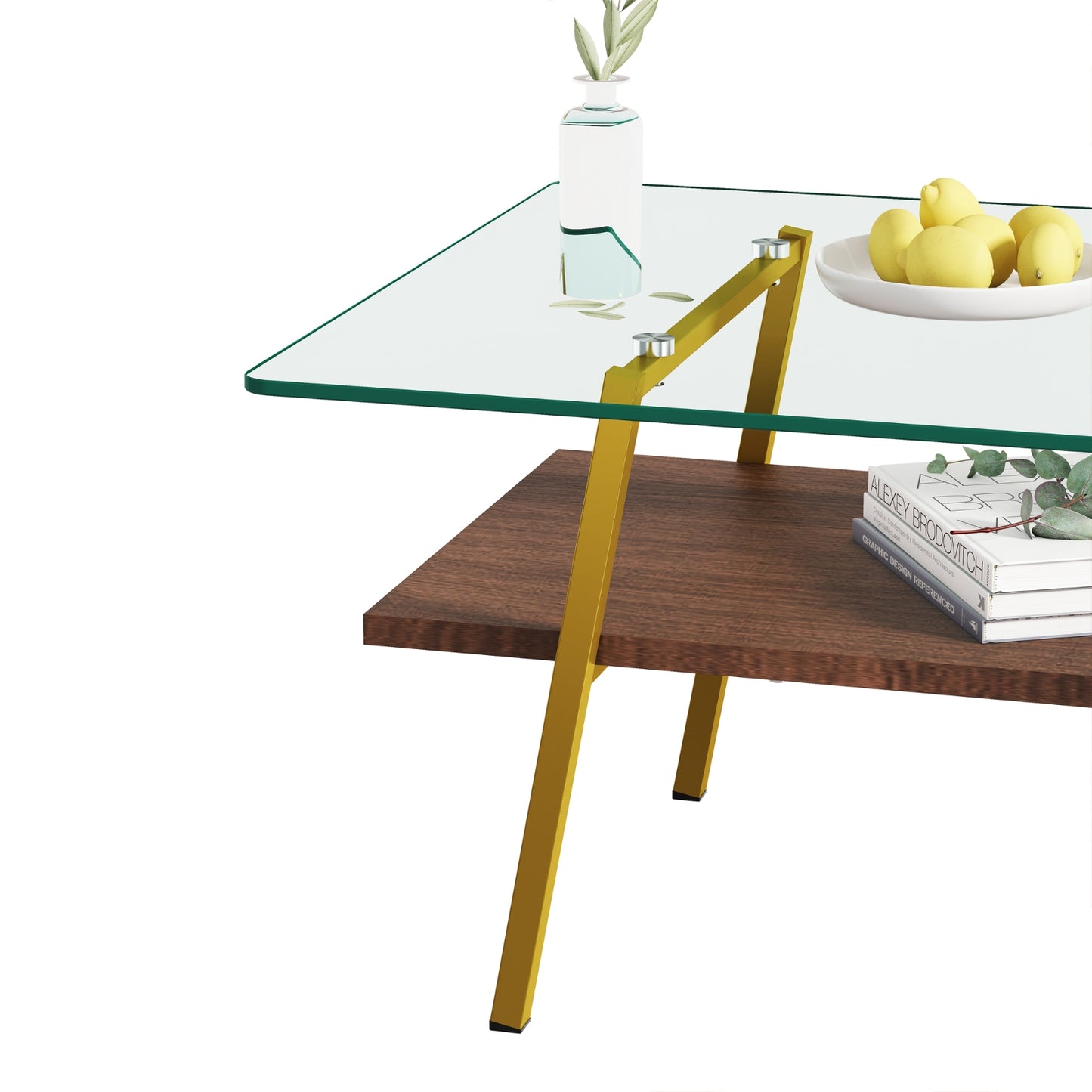 Rectangle Coffee Table, Tempered Glass Tabletop With Gold Metal Legs, Modern Table For Living Room ,