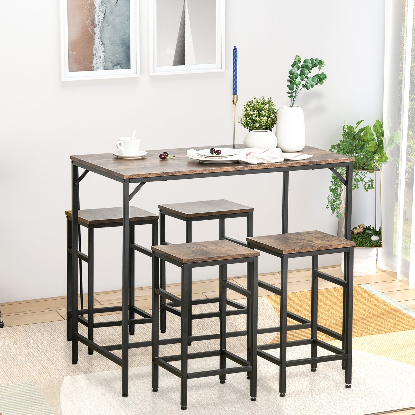 5 Piece Modern Dining Table and 4 Stools Industrial Dining Set with Footrest & Legs