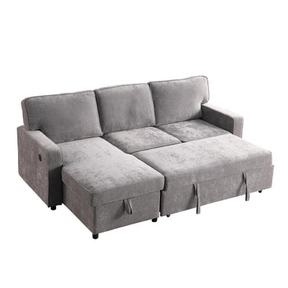Upholstery Sleeper GREY Sectional Sofa With Storage Space, USB Port, 2 Cup Holders On Back Cushions