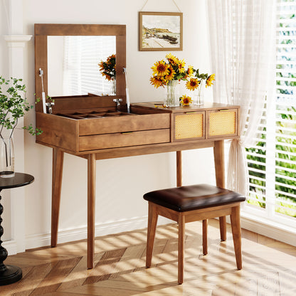 43.3 Classic Wood Makeup Vanity Set With Flip-top Mirror And Stool, Dressing Table With Three Drawers And Storage Space, Brown