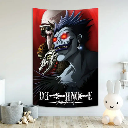 Vibrant red and black death note aesthetic tapestry with glowing orange eyed character for decorbites blue anime wall decor