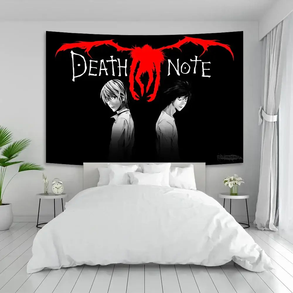 Black death note aesthetic tapestry featuring red demonic wings and white text above grayscale anime characters decorbites death note