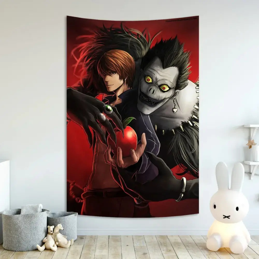 Vibrant red and black death note aesthetic tapestry featuring two characters with a glowing apple for decorbites decor