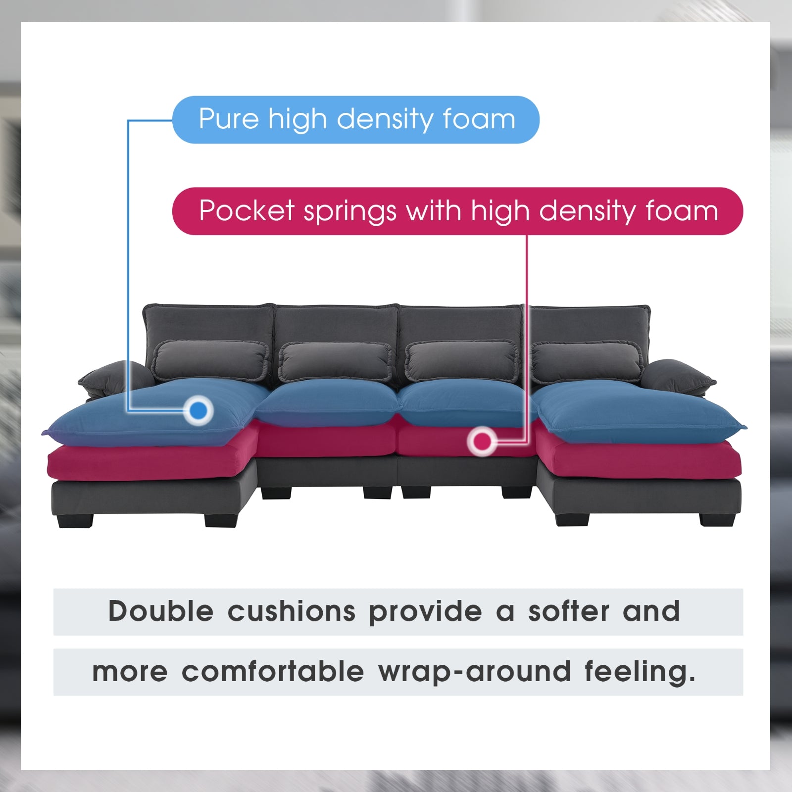 Nuevo Sofá Seccional Moderno en Forma de U, de 6 Asientos con Almohadas para la Cintura 109.8 55.9