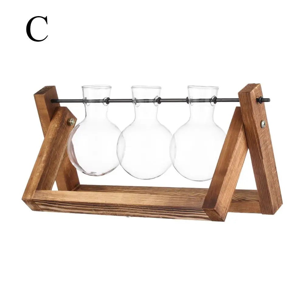 Clear glass bud vases mounted on a rustic wooden stand for hydroponic plants and tabletop decoration terrarium
