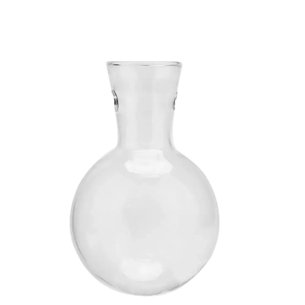 Clear glass carafe with rounded bulbous body and slender neck for decoration terrarium tabletop planter use