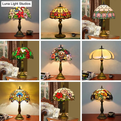 مصباح طاولة مزخرف بقبة زجاجية ملونة لغرفة المعيشة - إضاءة طاولة جانبية