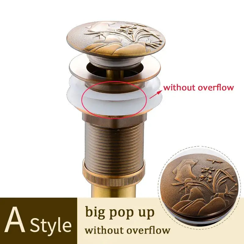 Antique brass-colored decorative tree motif pop-up drain stopper with ornate floral and landscape design for bathroom sink decorbites brass bathroom