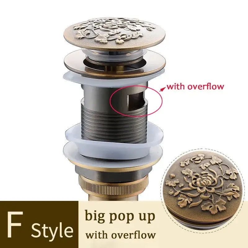 Antique brass bathroom sink pop-up drain with ornate floral embossing decorative tree motif decorbites brass bathroom