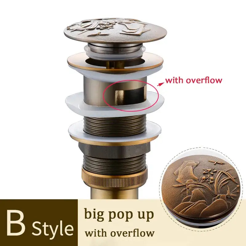 Decorbites brass bathroom pop-up drain in antique gold with ornate floral and bird relief for bathroom sink decor