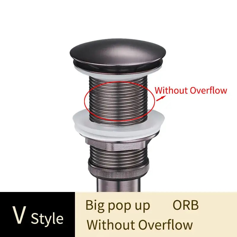 Black matte v-style pop-up drain with threaded metallic body and white rubber seal for decorbites brass bathroom sink