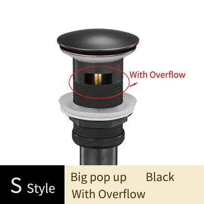 Black matte s style big pop-up drain with overflow for bathroom sink by decorbites brass bathroom collection