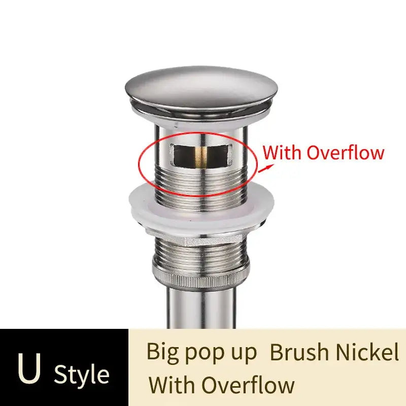 Brush nickel big pop-up sink drain with overflow designed for bathroom sink featuring decorbites brass bathroom finish