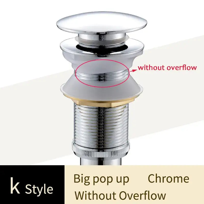 Chrome-finished big pop-up drain with sleek cylindrical design and no overflow for decorbites brass bathroom sink