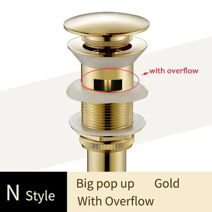Decorbites brass bathroom pop-up drain with decorative tree motif gold finish for bathroom sink overflow feature