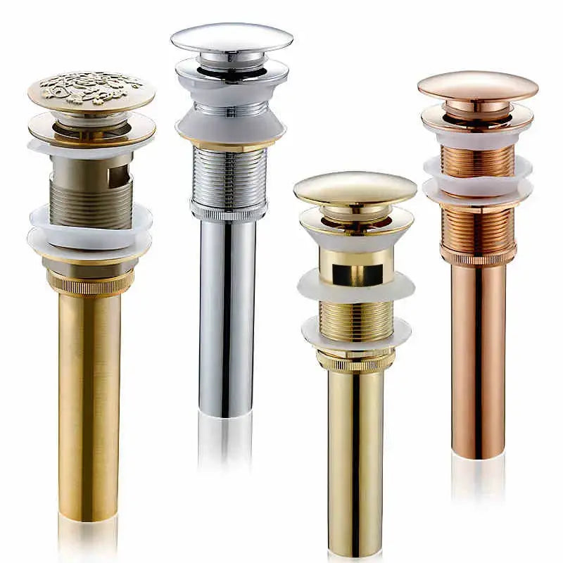 Four elegant pop-up drain stoppers in gold silver and rose gold brass finishes for bathroom sink decorbites brass bathroom