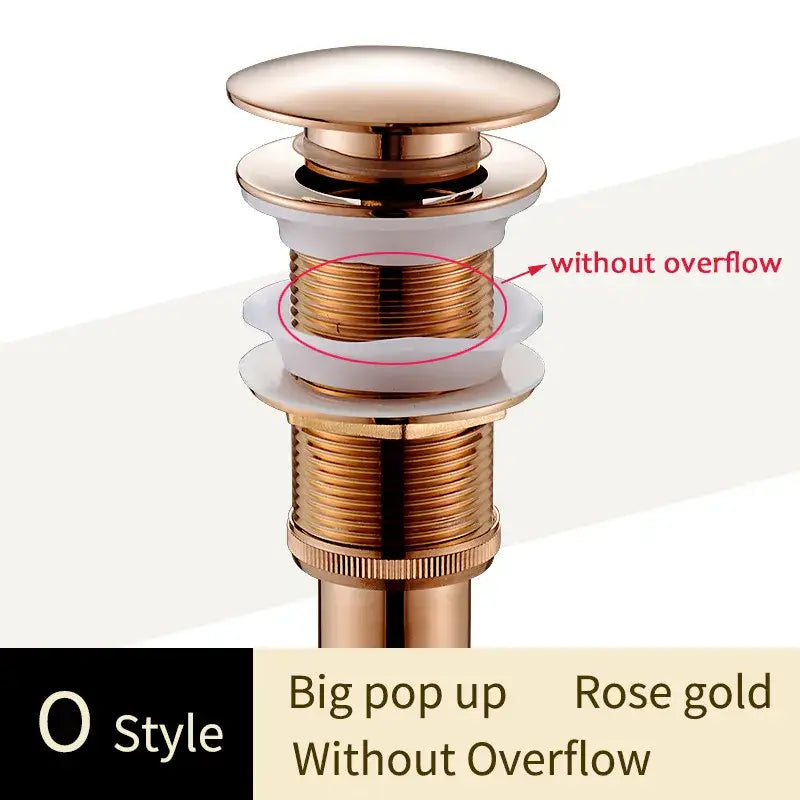 Rose gold big pop-up drain with sleek cylindrical design no overflow decorbites brass bathroom sink accessory
