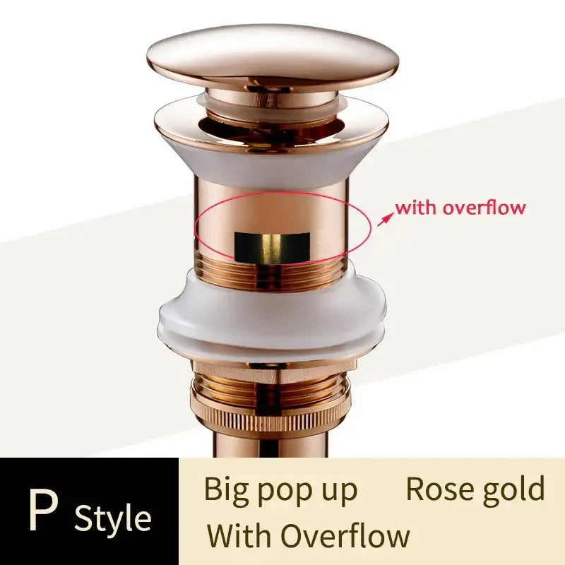 Rose gold big pop-up drain with overflow made of brass for bathroom sink by decorbites with decorative tree motif