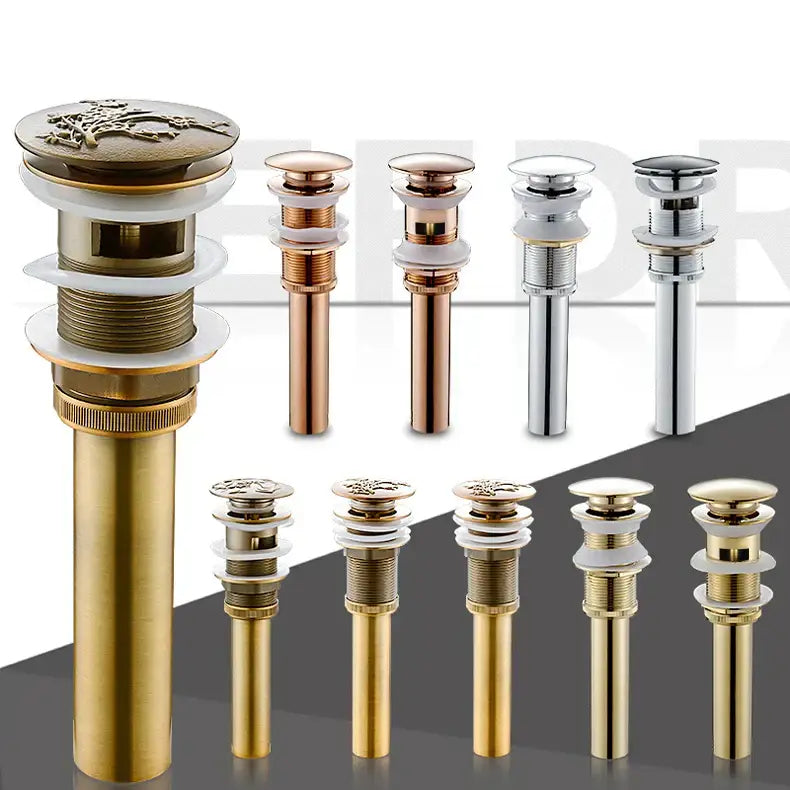 Decorbites brass bathroom pop-up drain in gold with decorative tree motif for bathroom sink use